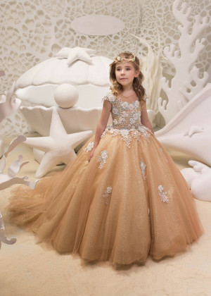 Gold Lace Tulle Beaded Sparkly Flower Girl Dress Party Dress